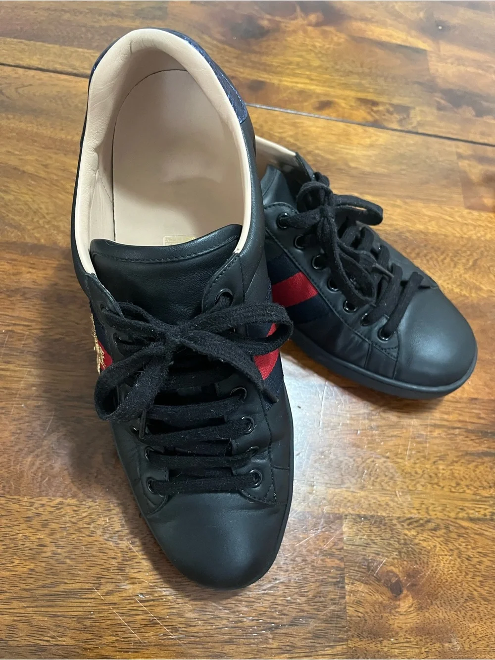 Gucci Black Leather Sneakers with Red & Blue Stripes and Bee On Side